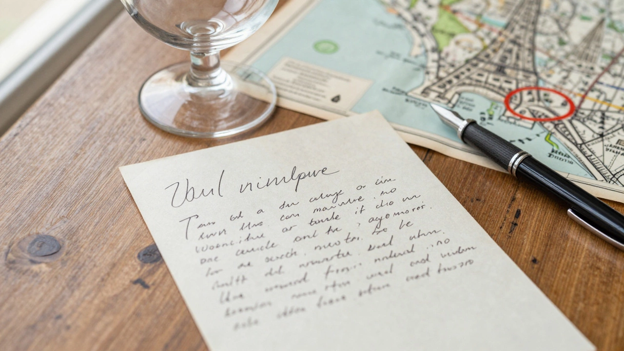 A handwritten note and wine glass on a wooden table with a Paris map.